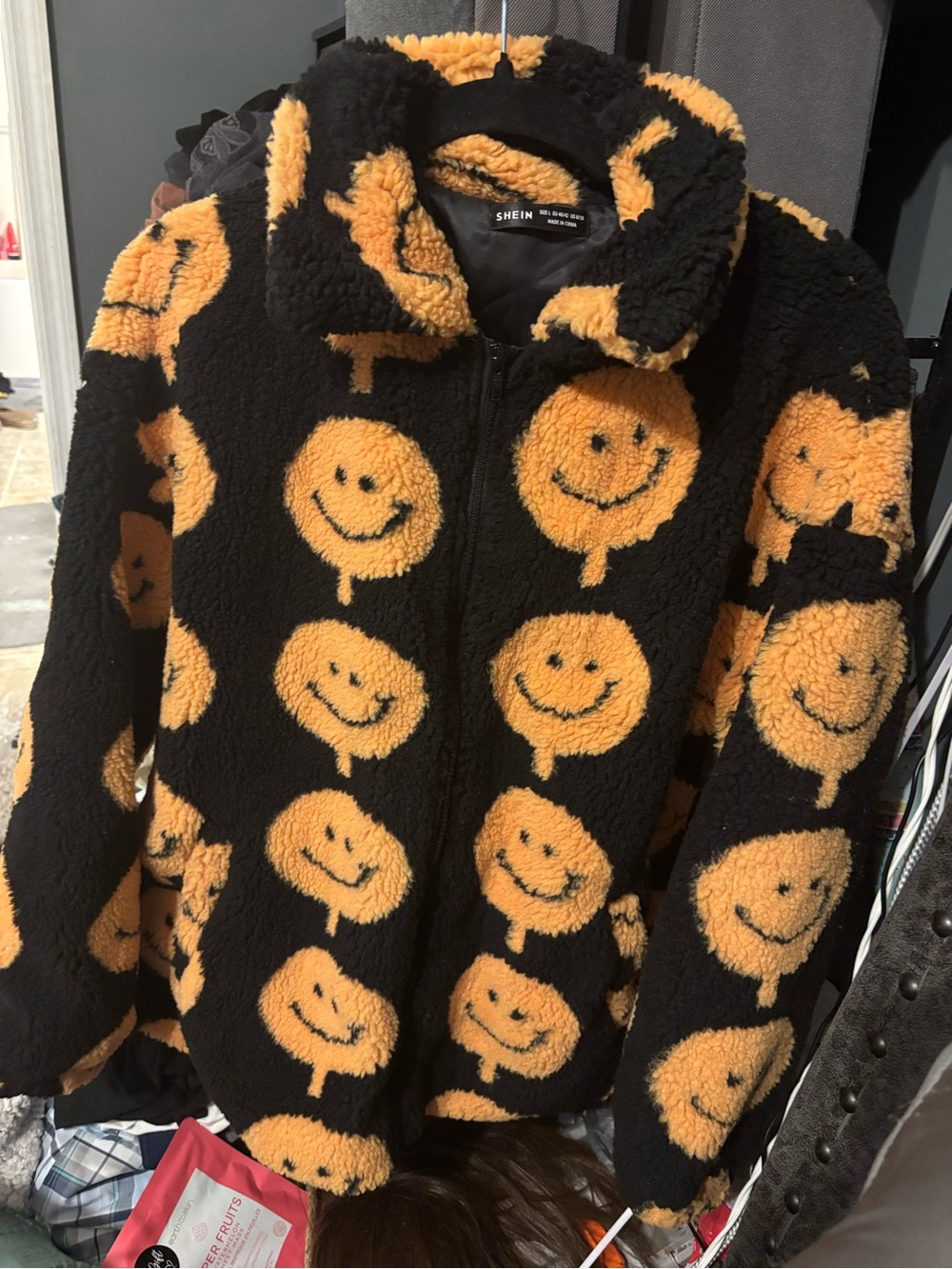 SHEIN Black & Orange Smiley Sherpa Jacket Large